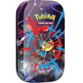 Pokémon Mini Tin featuring Mega Lucario artwork, includes booster packs, sticker sheet, and collector art card in a metal box